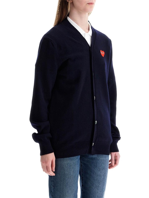 꼼데가르송 SS25 navy blue wool cardigan with embroidered red heart unisex AX N008 051 NAVY