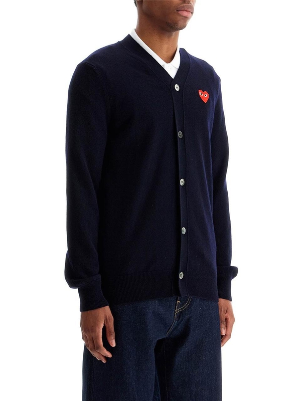 꼼데가르송 SS25 navy blue wool cardigan with embroidered red heart unisex AX N008 051 NAVY