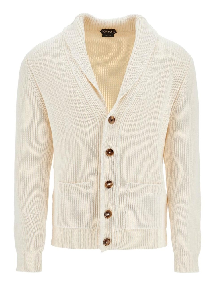 톰 포드 SS25 white silk and wool cardigan with shawl collar KLL004 YMS107S25 WHITE