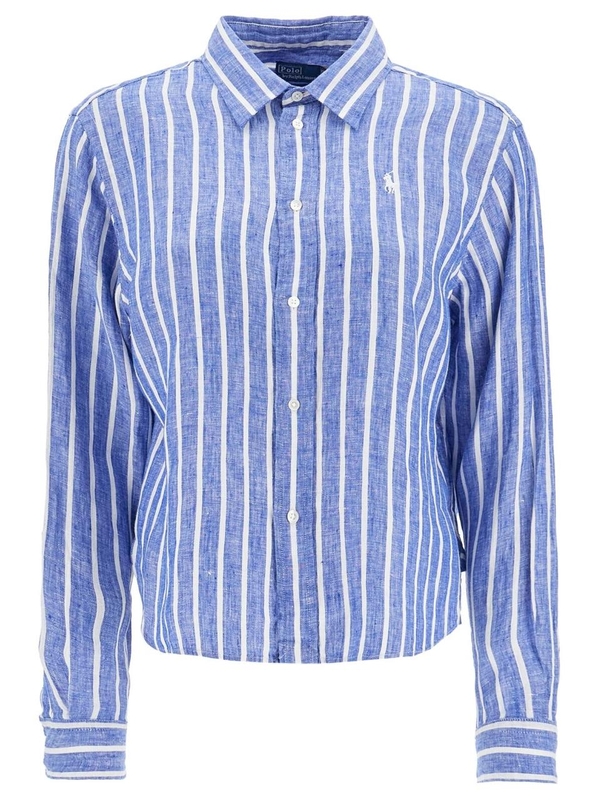 폴로 랄프로렌 SS25 camicia lino righe blu e bianca manica lunga regular 211935130005 1863 BLUE-WHITE