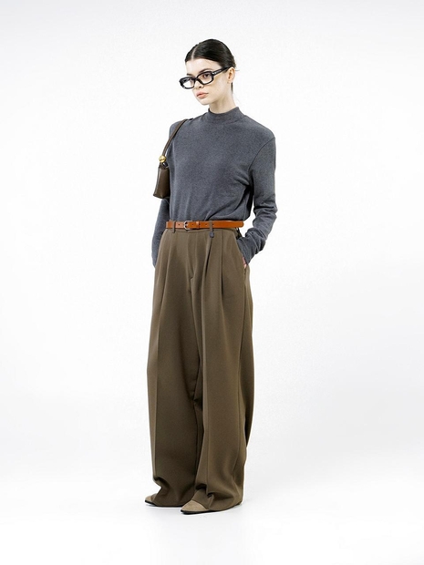 Wool Banding Wide Slacks - Brown /W244PT01BR