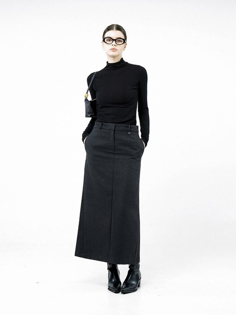 Back-Slit Wool Long Skirt - Charcoal /W244SK01CH