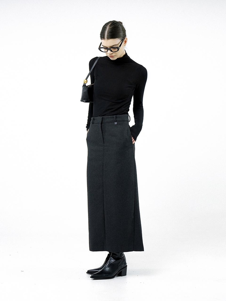 Back-Slit Wool Long Skirt - Charcoal /W244SK01CH