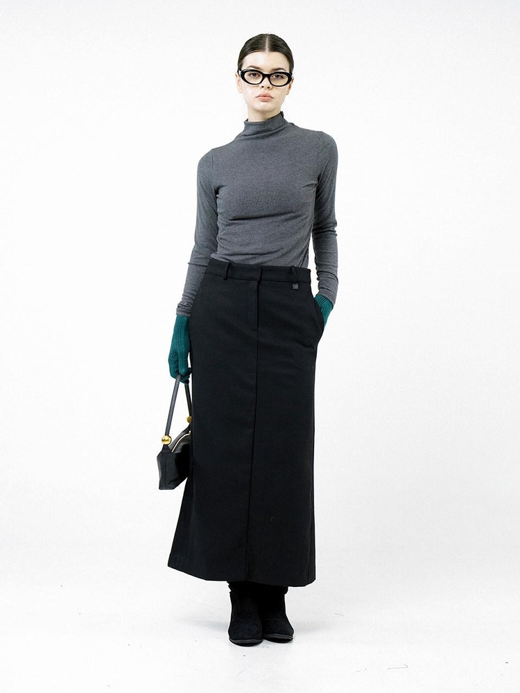 Back-Slit Wool Long Skirt - Black /W244SK01BK