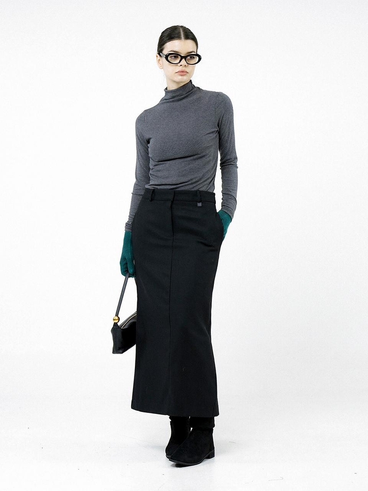 Back-Slit Wool Long Skirt - Black /W244SK01BK