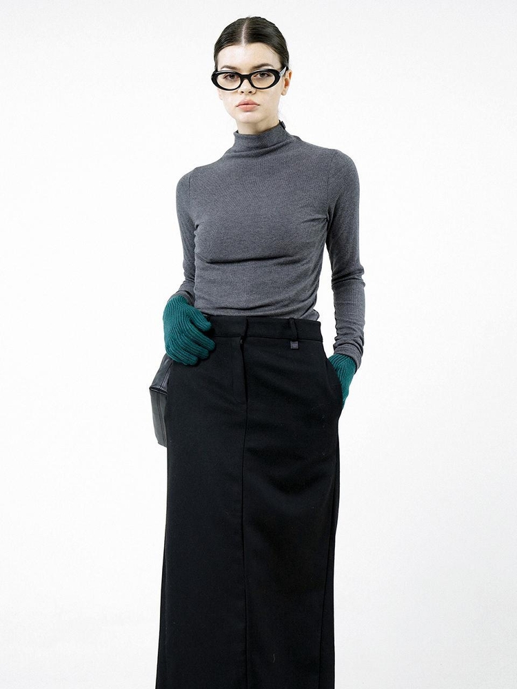 Back-Slit Wool Long Skirt - Black /W244SK01BK