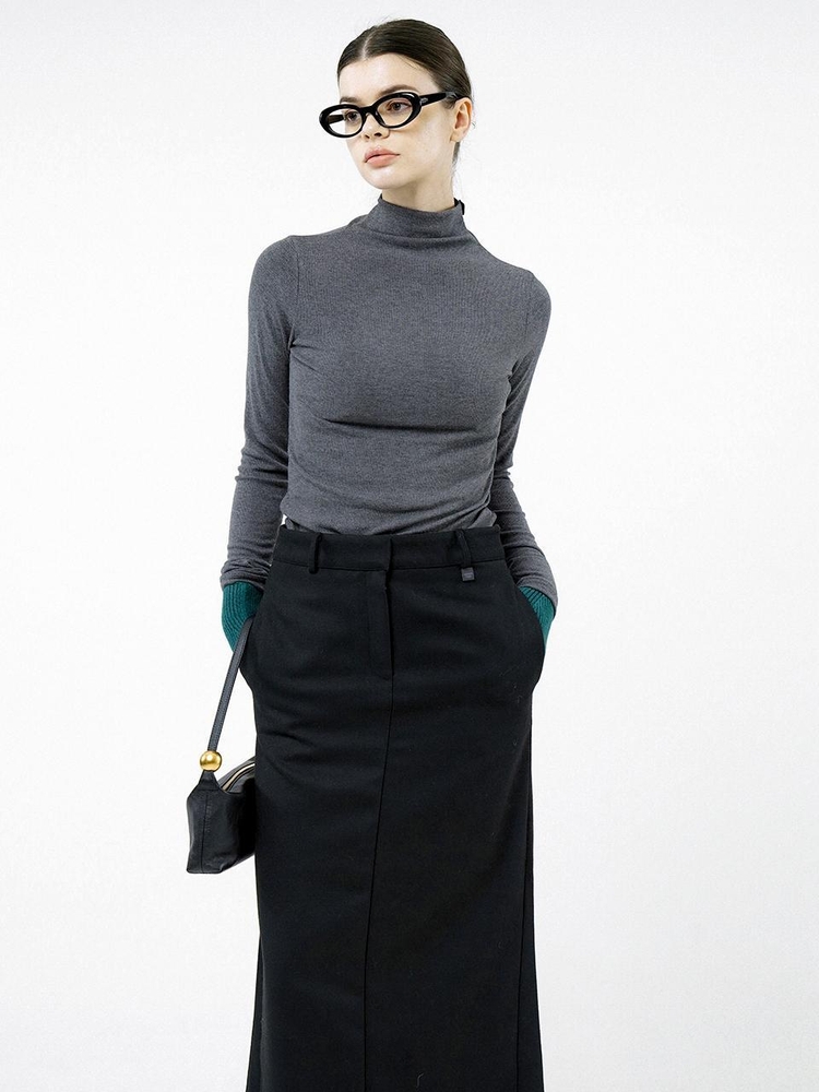 Slit Ribbed Half Turtleneck - Charcoal /W244TP03CH