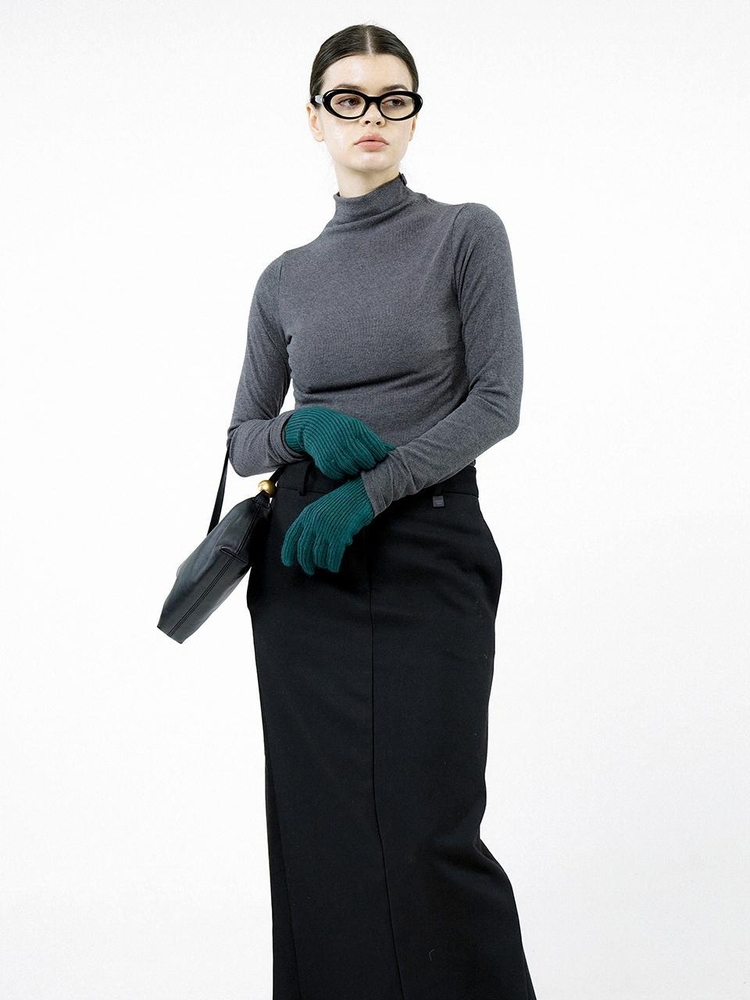 Slit Ribbed Half Turtleneck - Charcoal /W244TP03CH