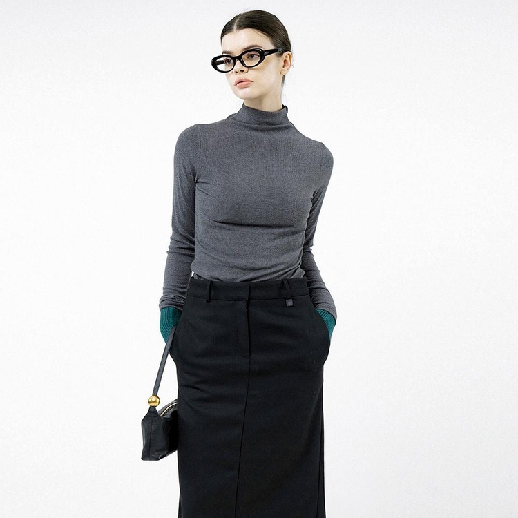 Slit Ribbed Half Turtleneck - Charcoal /W244TP03CH