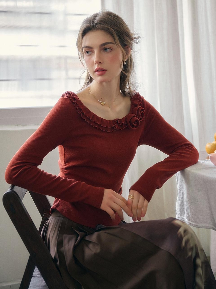 01/22 예약배송_SR_Flower ruffle knit slim top_RED