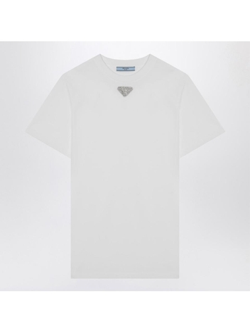 프라다 SS25 Prada White t-shirt in jersey with embroidered triangle logo 35838S16216DV White