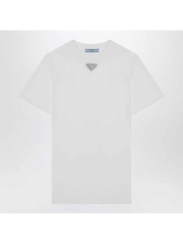 프라다 SS25 Prada White t-shirt in jersey with embroidered triangle logo 35838S16216DV White