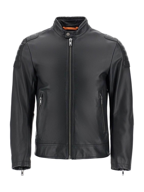 보스 SS25 black leather jacket with high collar and quilted details 50518270 BLACK