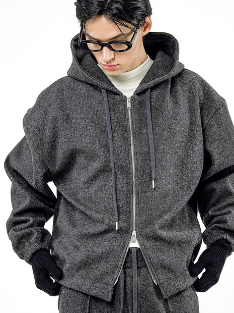 Ribbed Kint Hood Zip-up - Charcoal /M244TP01CH