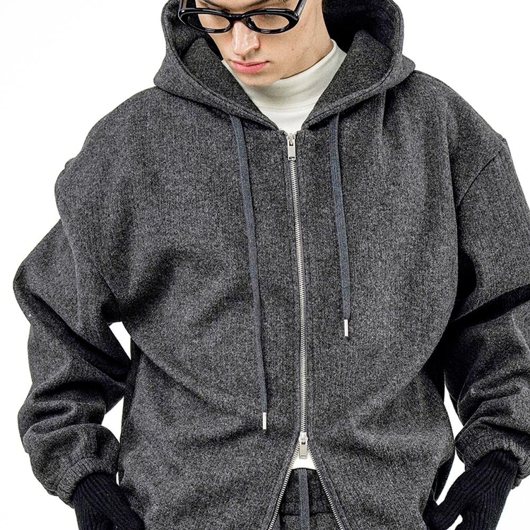 Ribbed Kint Hood Zip-up - Charcoal /M244TP01CH