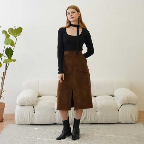 [뮤즈바이로즈]﻿LULU velvet semi A-line skirt (BROWN)