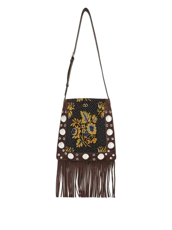 발렌티노 가라바니 SS25 multicolored floral crossbody bag in dark brown with fringes 6Y2B0D06ZIS MULTICOLOR/TESTA DI MORO