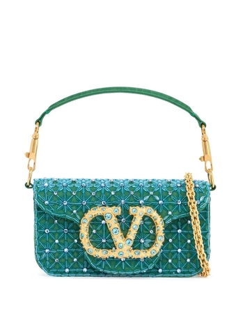 발렌티노 가라바니 SS25 small turquoise floral shoulder bag with crystals and chain 6W2B0K53LNW L.TURQUOISE/EMERALD/L.TURQUOISE