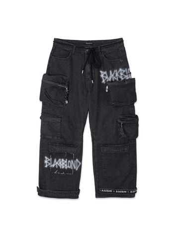 BBD Sprayed Logo Multi-Pocket Denim Cargo Pants (Black)