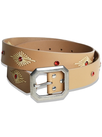 crystal stud & wax thread leather belt beige