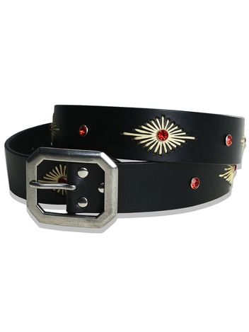 crystal stud & wax thread leather belt black