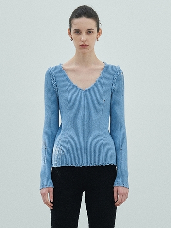 V NECK DAMAGE KNIT_BLUE