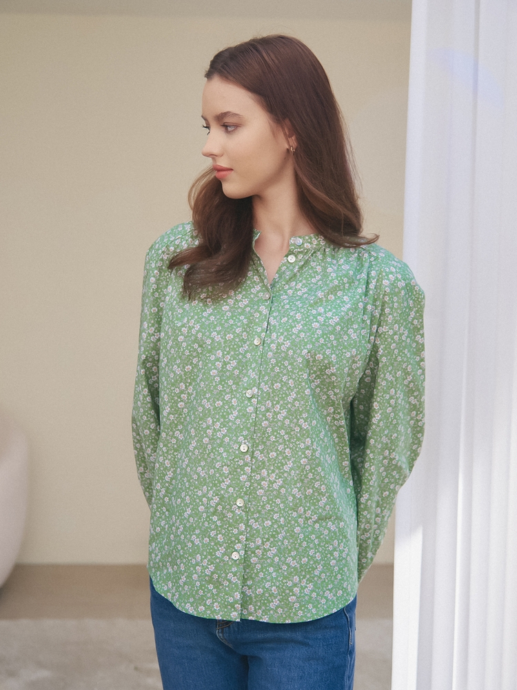 HENRY NECK SHIRRING BLOUSE_GREEN