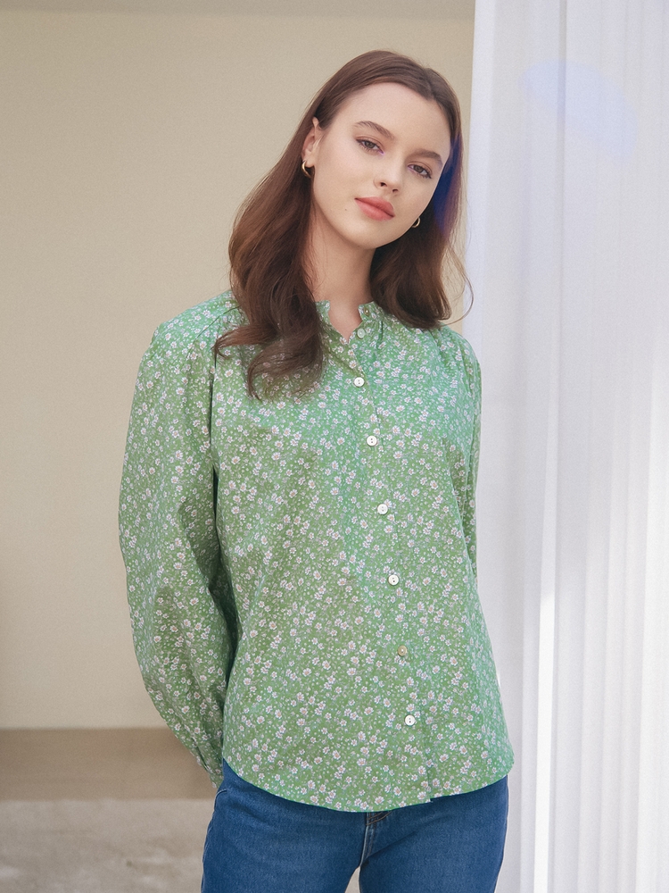 HENRY NECK SHIRRING BLOUSE_GREEN