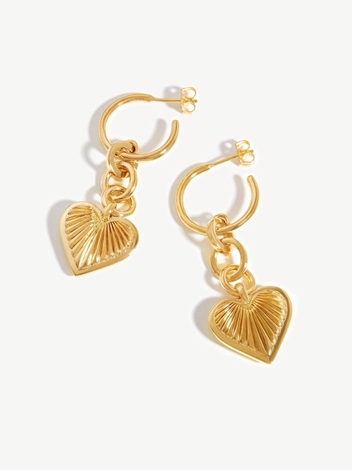 Ridge Heart Drop Hoop Earrings | 18ct Gold Plated