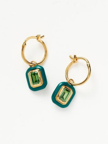 Enamel & Stone Charm Mini Hoop Earrings | 18ct Gold Plated Vermeil/Green Cubic Zirconia