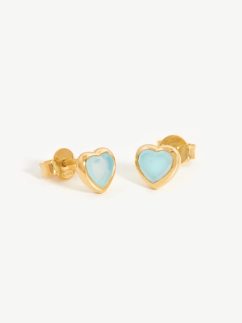 Jelly Heart Gemstone Stud Earrings - 18ct Gold Plated Vermeil/Aqua Chalcedony