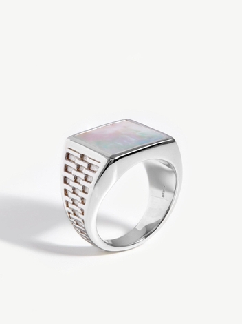 Fused Woven Gemstone Square Signet Ring | Sterling Silver/Mother of Pearl