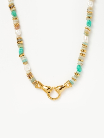 Harris Reed In Good Hands Chunky Beaded Gemstone Necklace |18ct Gold Plated/Green Quartz & Pearl