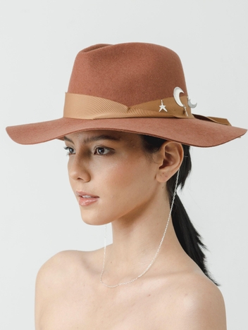 Classic long brim hat with silver chain embellished with moon and stars