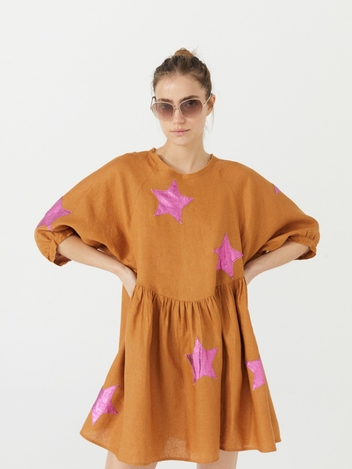 Alcala Linen Dress - Caramel with Stars