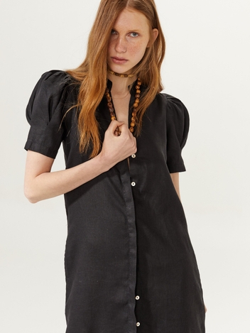 Athina Midi Linen Dress - Black