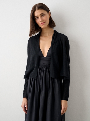 Linen Blend Cropped Trapeze Cardigan Black