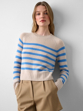Cashmere Striped Crewneck Sandstone/Cabana Blue