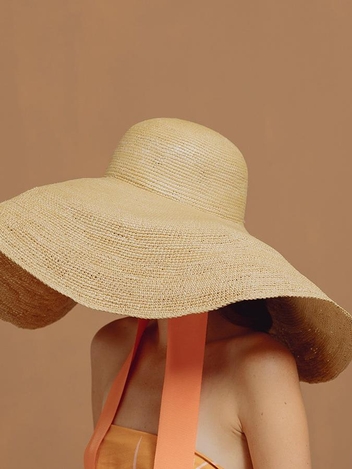 Crochet Glamour Hat With Grosgrain Ribbon Beige Straw/ Medium Dark Orange Band