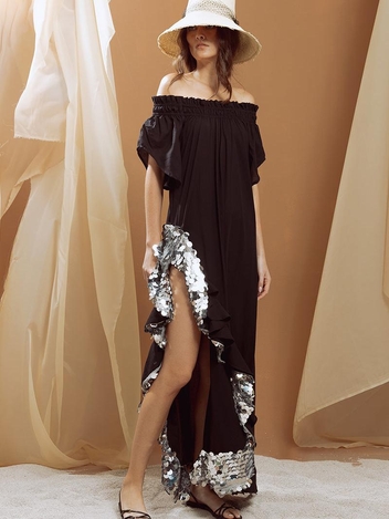 Off Shoulder Slit Maxi Dress With Sequin Black Solid