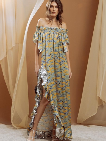 Off Shoulder Slit Maxi Dress With Sequin Estampida Menta Print