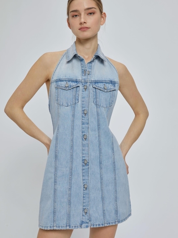 Abbey P/ Light Wash Halter Denim Dress