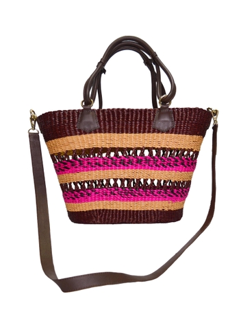 Open Weave Beach Basket Chocolate-Beige-Fuxia-Black Straw / Chocolate Leather