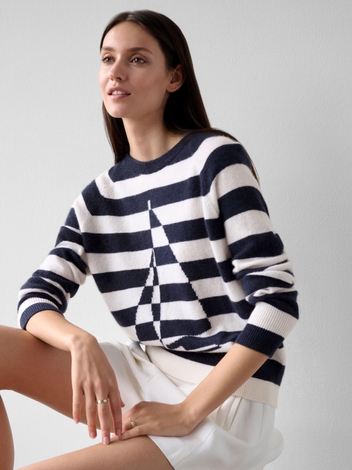 Cashmere Sailboat Stripe Crewneck Navy/Soft White