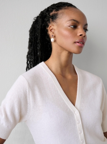 Cashmere Short Sleeve Button Cardigan Soft White
