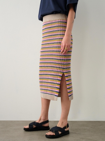 Cotton Blend Striped Mesh Skirt Multi