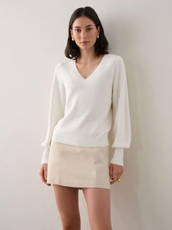 Cotton Silk Blouson Sleeve V Neck White