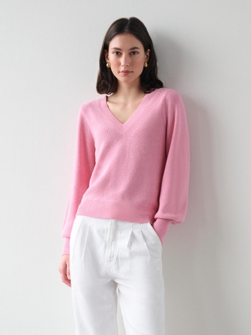 Cotton Silk Blouson Sleeve V Neck Sweet Rose