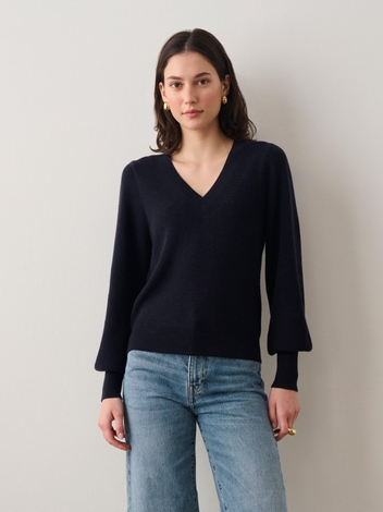 Cotton Silk Blouson Sleeve V Neck Deep Navy