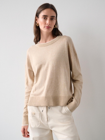 Cotton Silk Rib Trim Crewneck Crema/White
